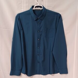 Unbranded Button Down Shirt Mens XL Teal Four Way Stretch Long Sleeve Pocket